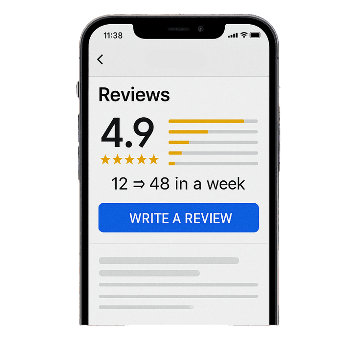 Smartphone screen displaying a 4.9-star rating with a button to write a review.